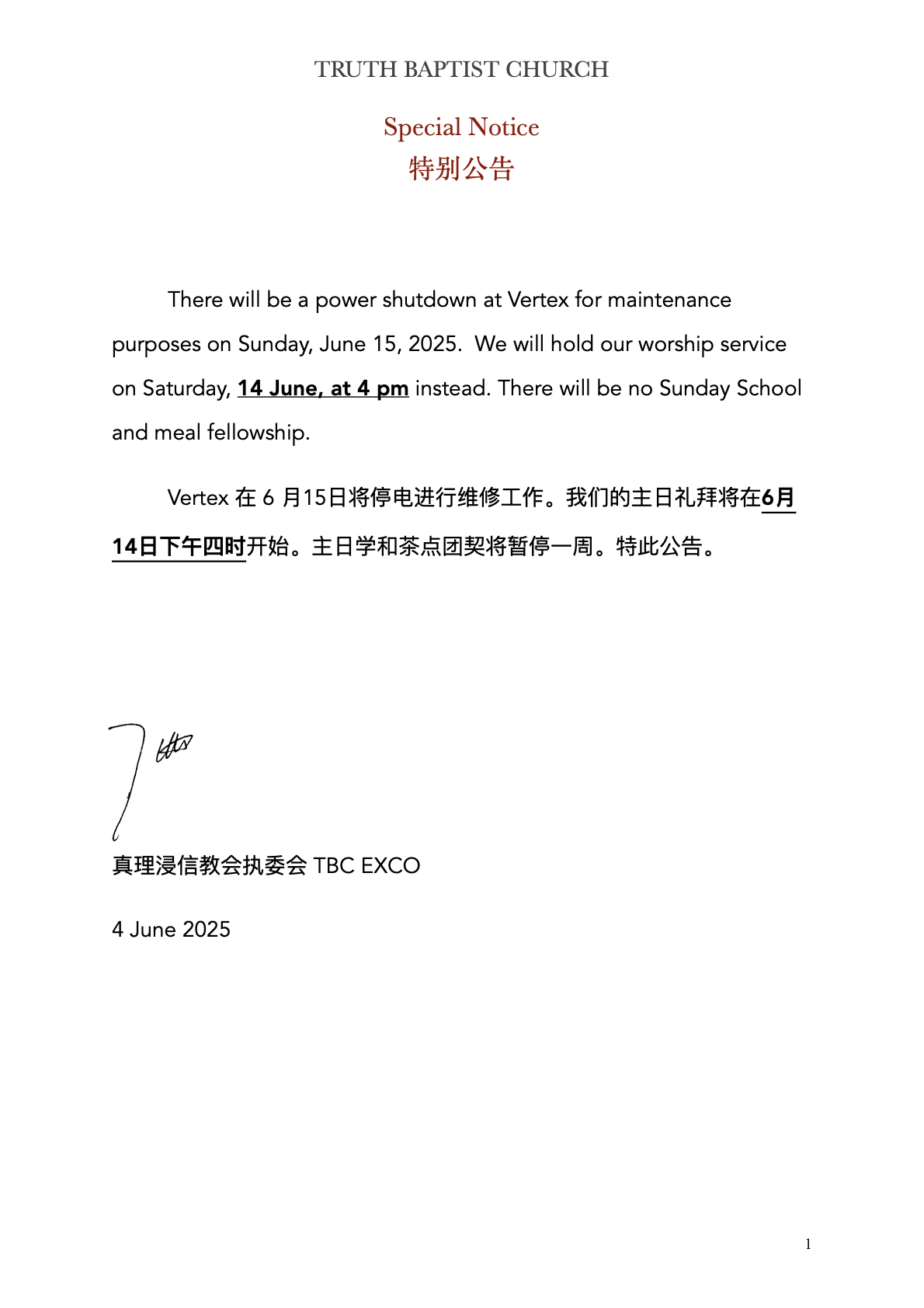 NOTICE sunday service 14 June 2025